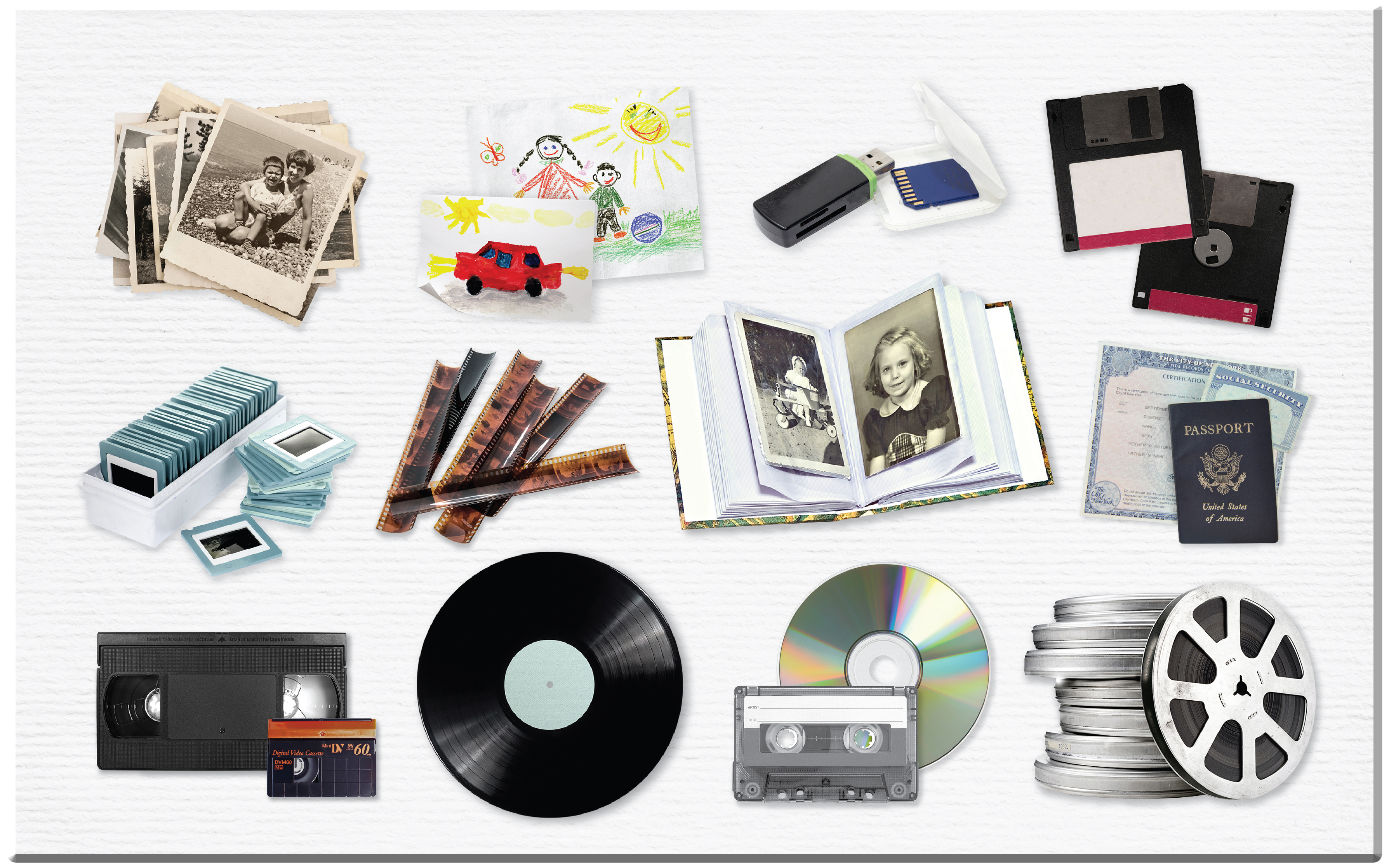 A sample of all the items we organize and digitize, including images of  VHS, VHS-C, Hi8/D8, MiniDV, PAL, Betamax, Betacam, U-Matic & Type-C video reel, udiotapes, audio reels & vinyl records