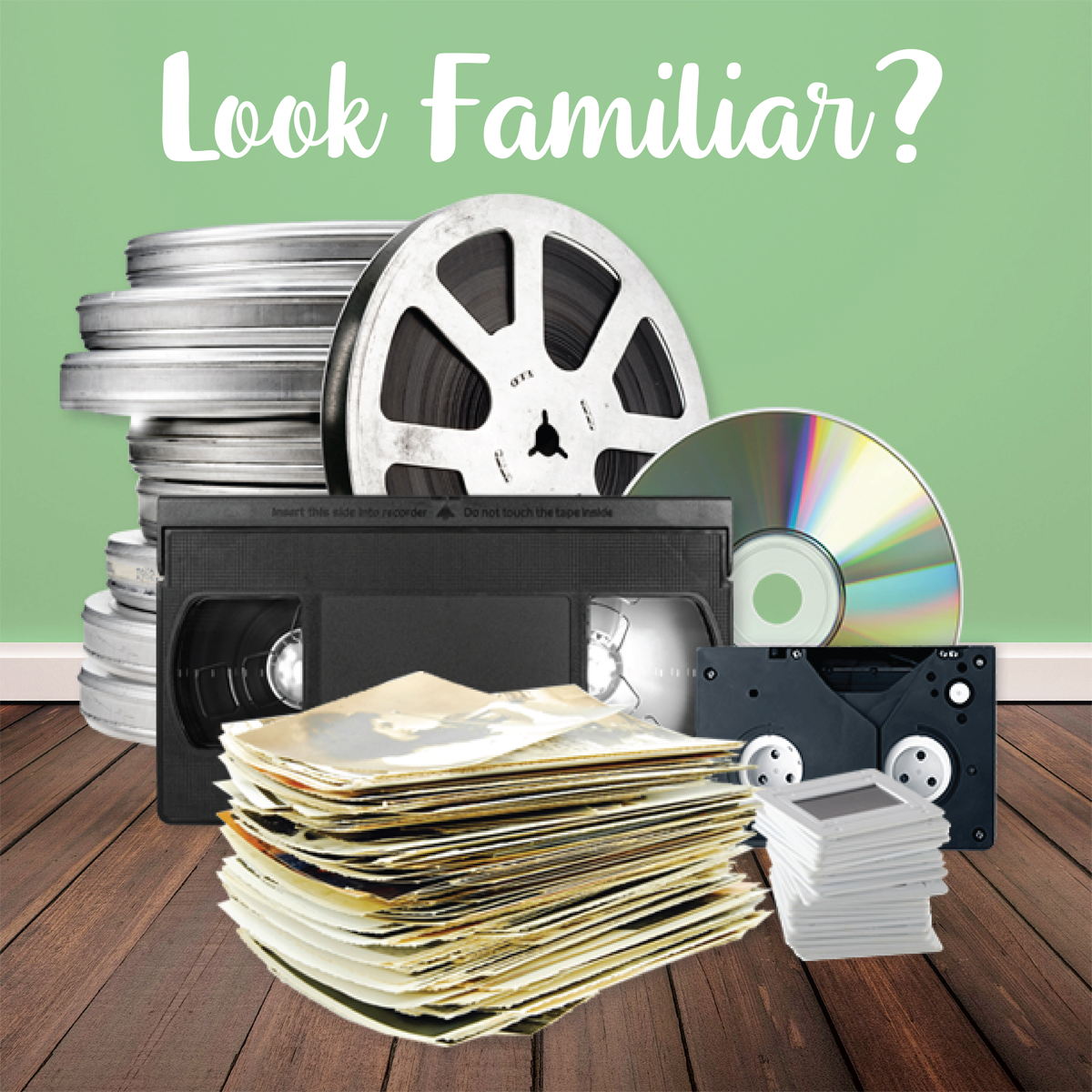 Printed photos and analog media including VHS, CD and slides ready to be digitized