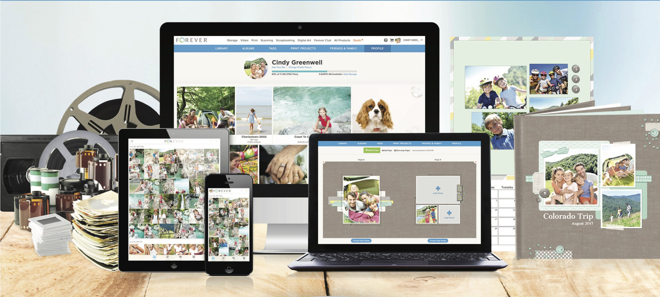 Image of multiple devices showing photos organized and stored for maximum access, using the Forever photo storage system