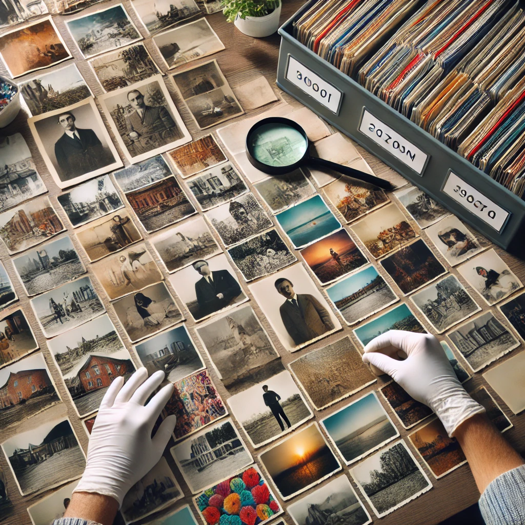 Printed photos organized into archival boxes, laid out on a tabletop