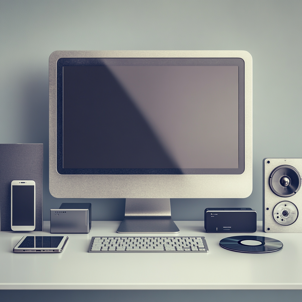 Computer with various digital devices around it: phone, tablet, CDs